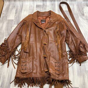 ✅Womens XL Damselle Leather Fringed Jacket W/Toggle Buttons Belt *NO FUR COLLAR